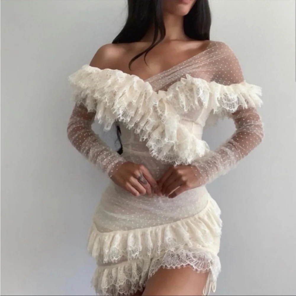 House of CB ‘Sorrel’ Ivory Lace Frill Tulle Asymmetric Minidress NWT - Picture 5 of 15